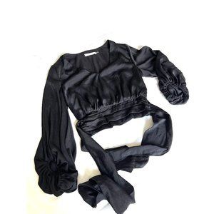 Mustard Seed, cropped lined black satin long sleeve with waist tie, Size Small